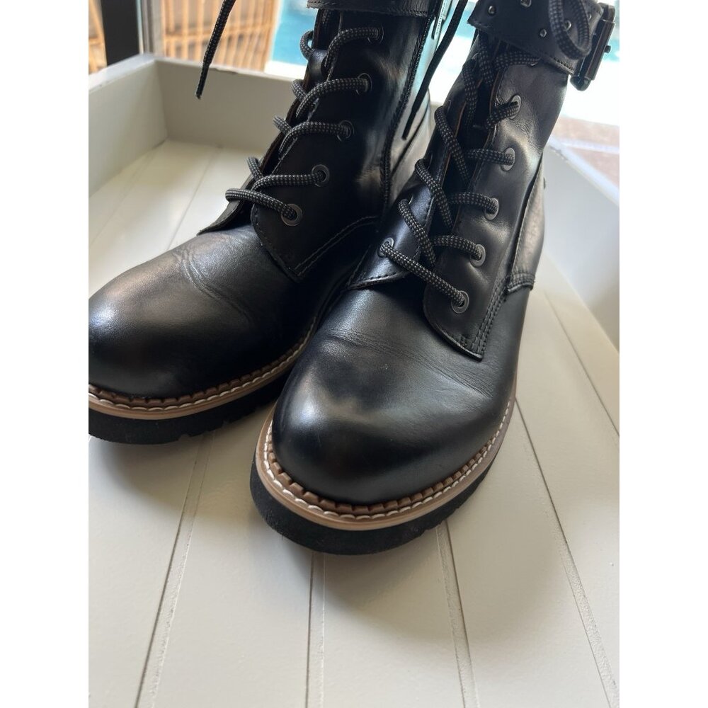 Pikolinos Black Leather Combat Boots Womens US 6 EU 37 Lace Up Side Zip - Picture 11 of 14